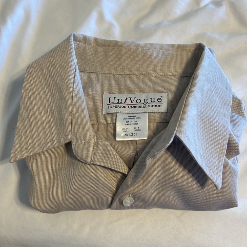 Tan dress shirt, 60% cotton, 40% polyester.